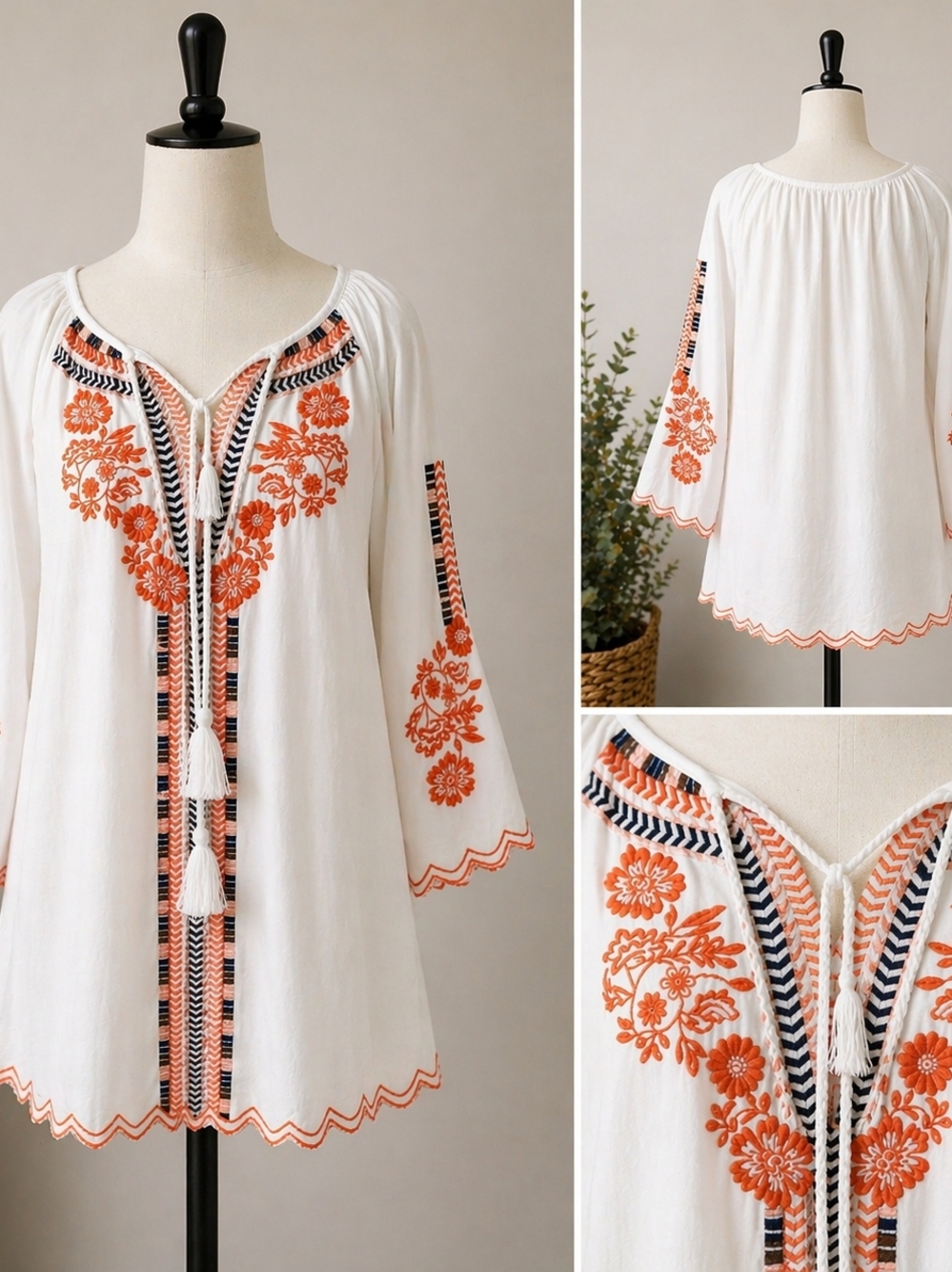Boho Embroidered Mini Dress White Lined Orange Tassel Coverup Hippie Beach Chic